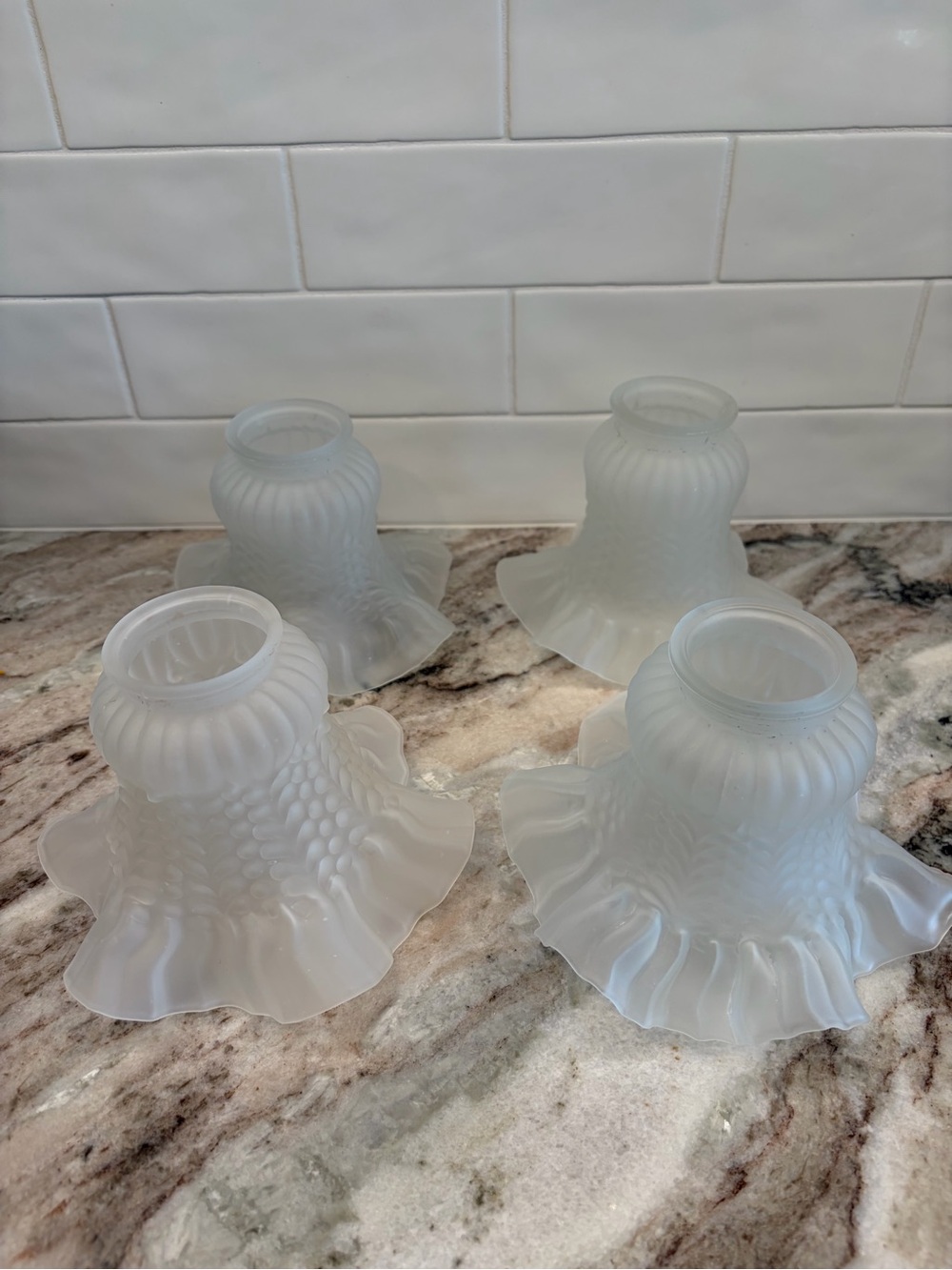 4 Vintage Frosted Glass Lamp Shades  Hobnail Ruffled - Art Nouveau Grandma Core